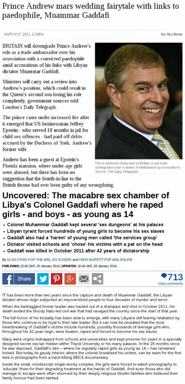 Daily Mail newspaper articles about paedophiles Christian Prince Andrew & Arab Muamar el Gadafi