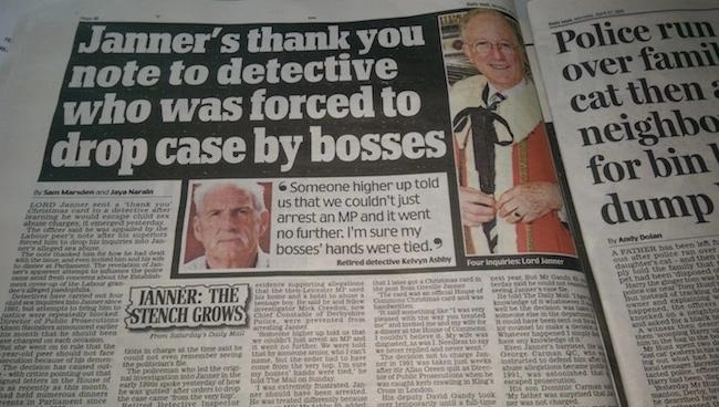 Newpaper article showing Jewish paedophile MP Greville Janner sent thank you note to police