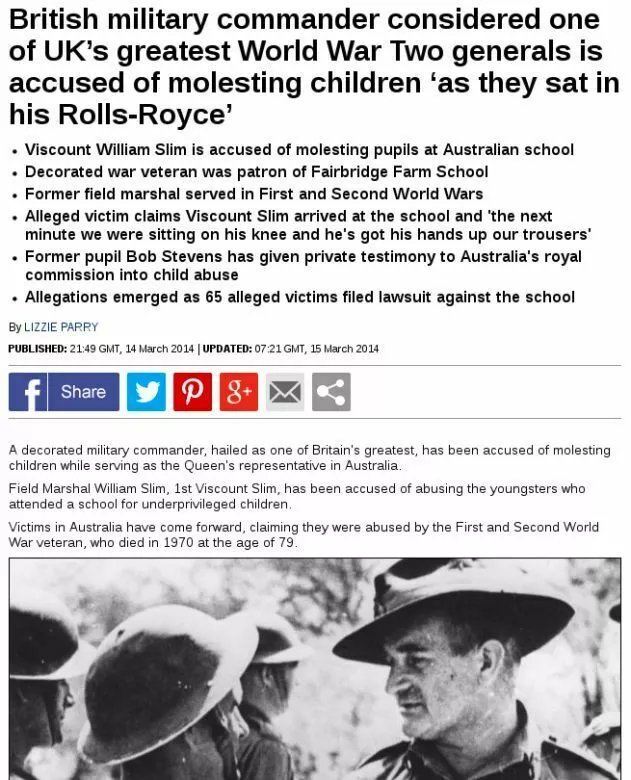 Queen Elizabeths representative in Australia Viscount William Slim accused of molesting boys