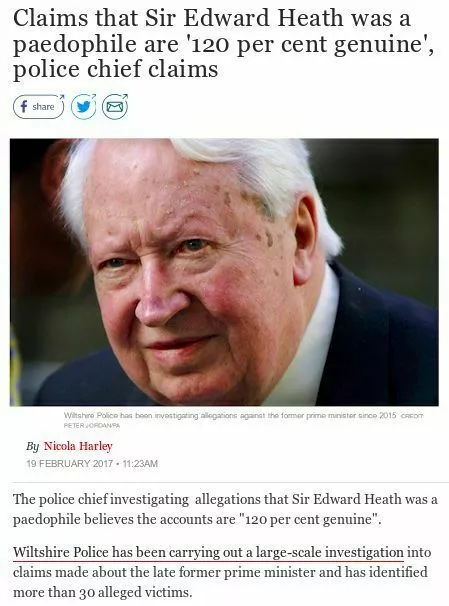 Newspaper article discussing how former PM Edward Heath is 120% a paedophile