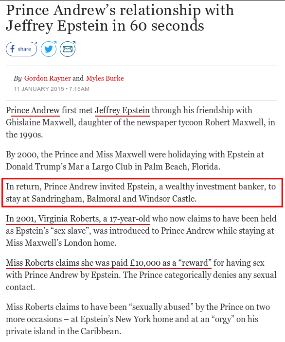 News article showing Prince Andrew invited two paedophiles to tax payer funded royal properties