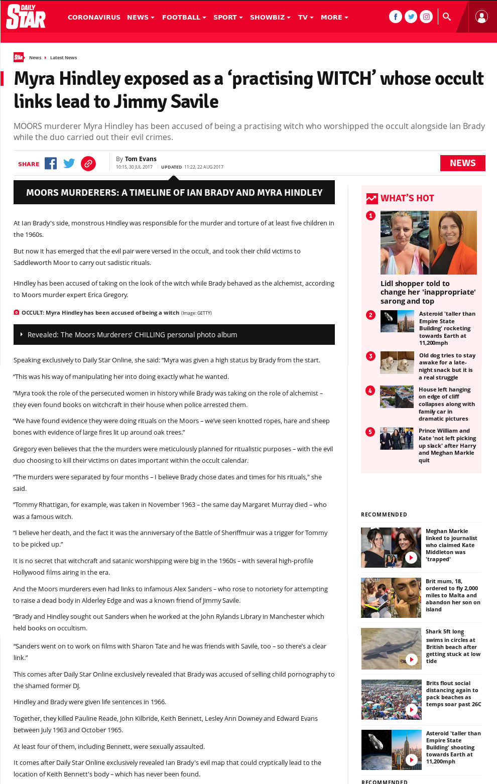 News article that links Myra Hindley, Roman Catholic Satanist Jimmy Savile & The Occult