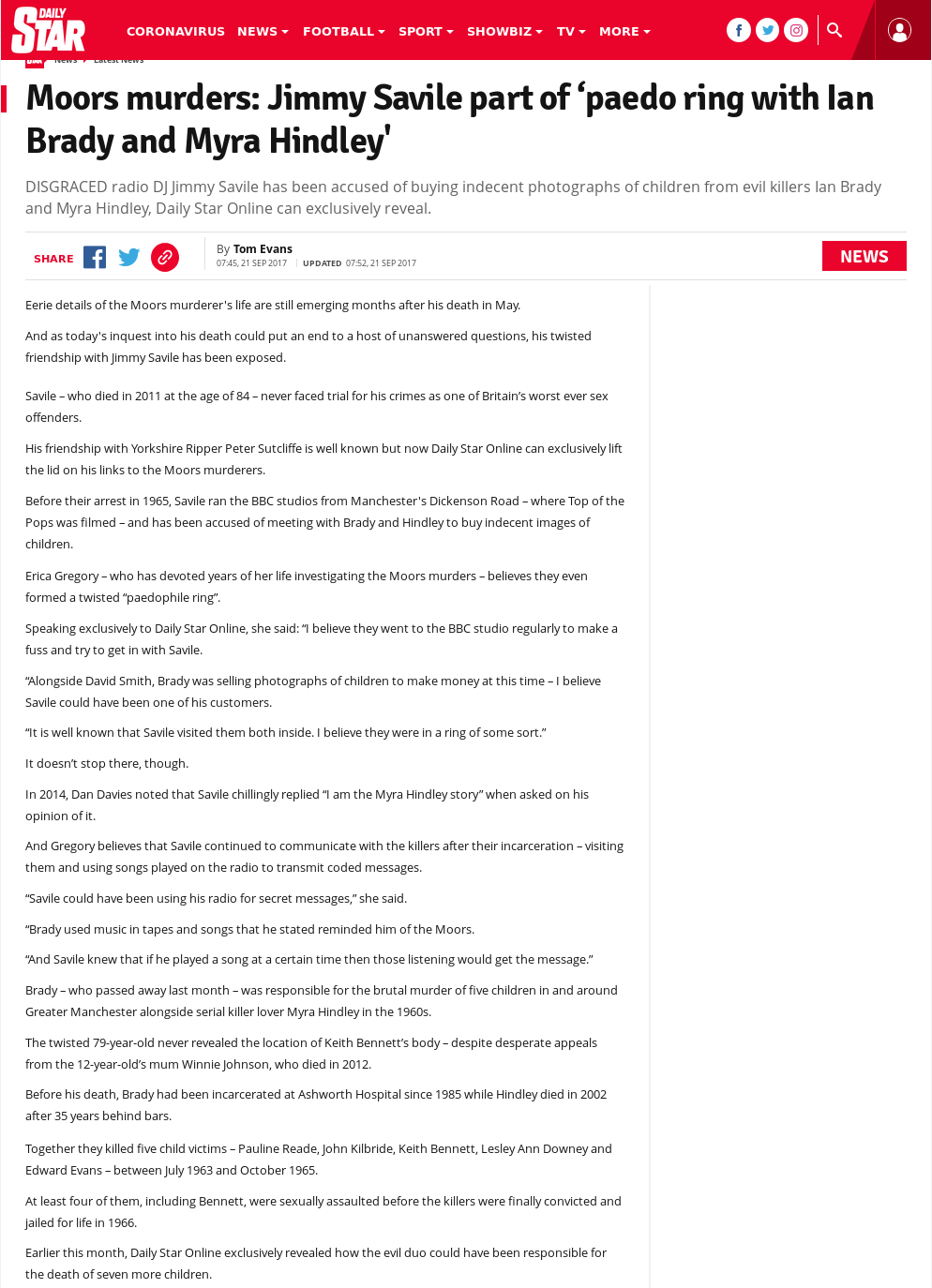 News article that links Roman Catholic Satanist Jimmy Savile with Myra Hindley & Ian Brady