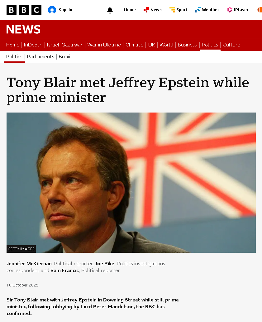 Paedophile Tony Blair Invited Paedophile Jeffrey Epstein To 10 Downing Street