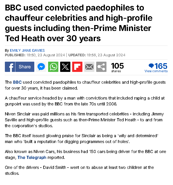BBC used convicted paedophiles to chauffeur celebrities and high-profile guests including paedophile Prime Min