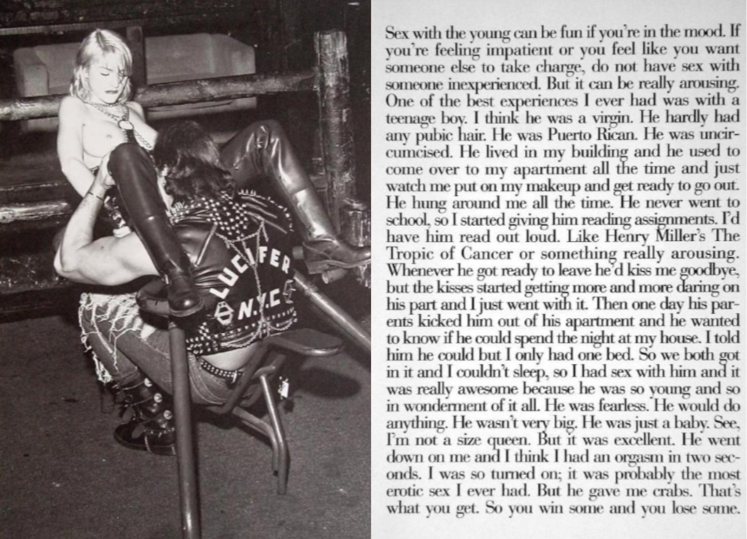 Paedophile Madonna talking about sex with the young in her book SEX and her simulating sex with Lucifer