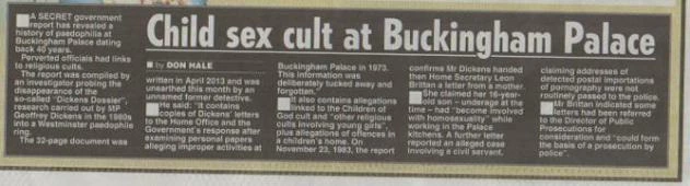 A newspaper article that mentions a paedo ring at Buckingham Palace attached to religious 
cults