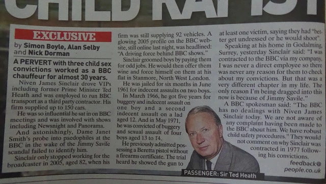 BBC paedophile Niven Sinclair was a chauffeur for Christian paedophile PM Edward Heath