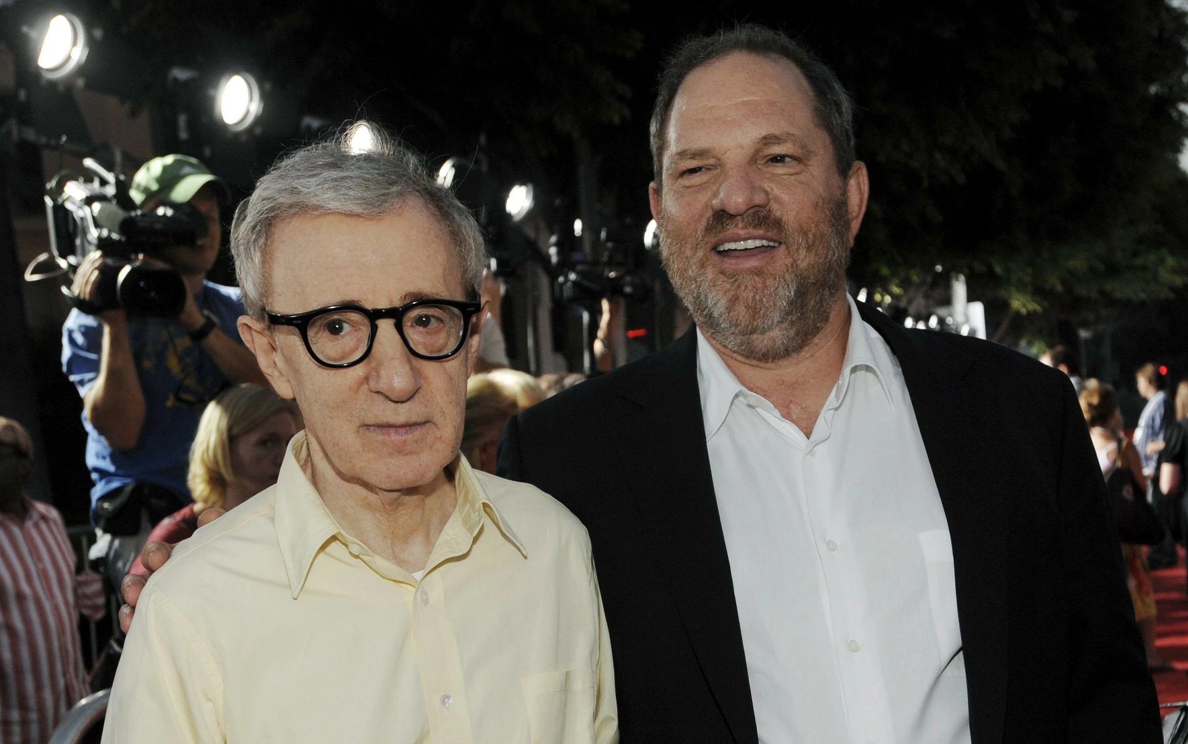 Jewish incestuous paedophile Woody Allen with Jewish rapist Harvey Weinstein